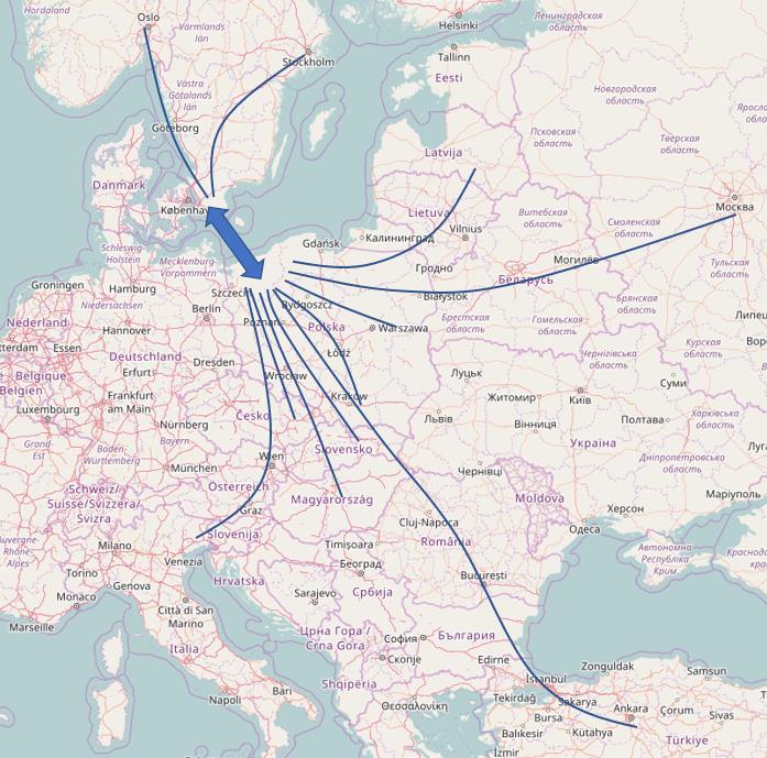 Figure 2 Map of the principle role of the transport connection with respect to European and global transport flows. Source: own production based on interviews and literature. 2.3 Commerce affecting the link Scania-West Pomerania 2.