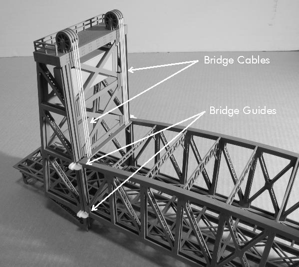 The bridge mounts attached to and extending from the bridge will fit into the flanges on the towers. Assemble so that the floor of the bridge and the towers are perfectly flush and glue together.