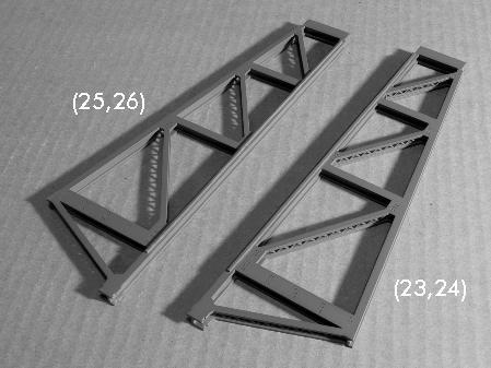 Glue webbed truss brace parts (34), (35), (36) and (37) onto part (23) using the engraved lines as guides. Glue part (24) on top of the assembly with the engraved rivets facing up.