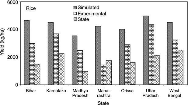 86 P. Singh et al. Fig. 6.2. Mean simulated potential, experimental and measured state-level yields of rice in India. Note that measured yields are average values of irrigated and rainfed areas.