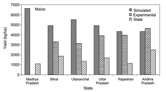 Yield Gap Analysis 87 Fig. 6.3. Mean simulated, experimental and measured state-level yields of maize in India.