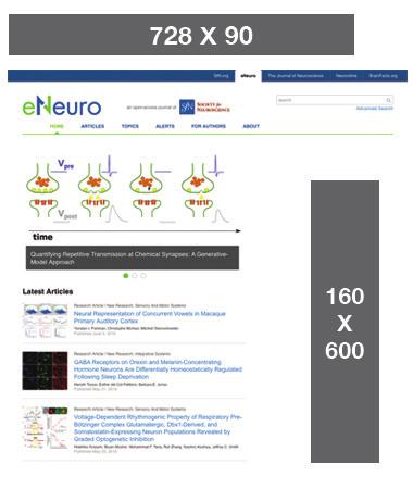 With more than 830,000 visits per month from 230 countries, banner ads on JNeurosci.org offer a wide reach. As an open-access journal, eneuro is viewable to anyone interested in neuroscience research.