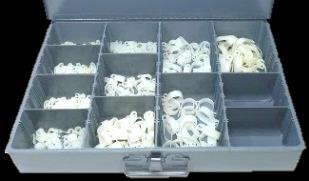 Vinyl Coated Clamp Kit This kit contains 10 different vinyl coated galvanized steel clamps, 235 pieces, sizes 1/8" to 1 1/2" diameter. Comes in a large metal box, 18"w x 12"d x 3"h.