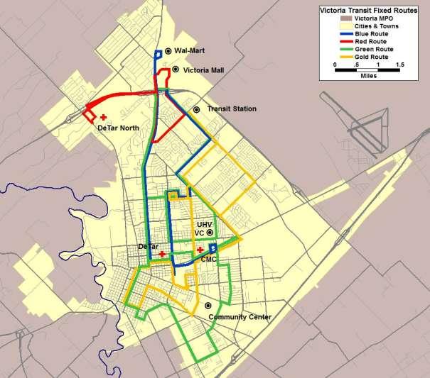 Victoria Transit operates 4 fixed routes in the most densely populated area of Victoria, as shown in Figure 2.7.