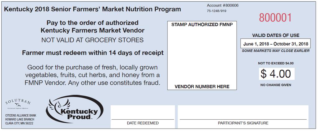 SFMNP 2018 Check Have participants sign check and date the check. Stamp check with the farmer identifier. If stamp is unclear, stamp it again. (If stamp is illegible, the check will not be processed.