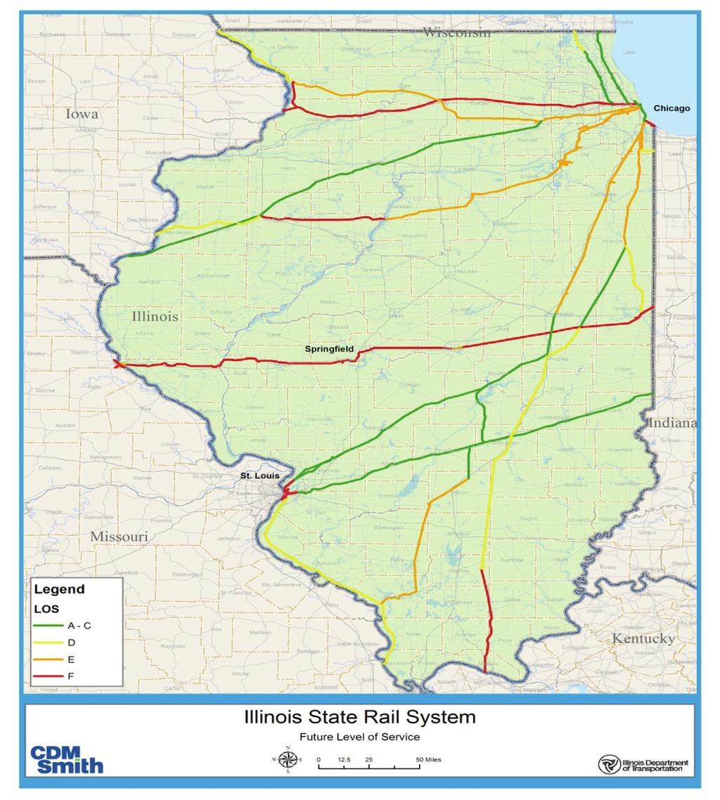 Exhibit 9: Projected 2035 Illinois Rail Freight Service Levels Without Improvements