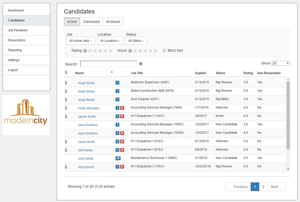Candidates In the left hand column the Candidate button will take you to the following view: From here you are able to filter by Active candidates, Dismissed candidates, and Archived candidates that