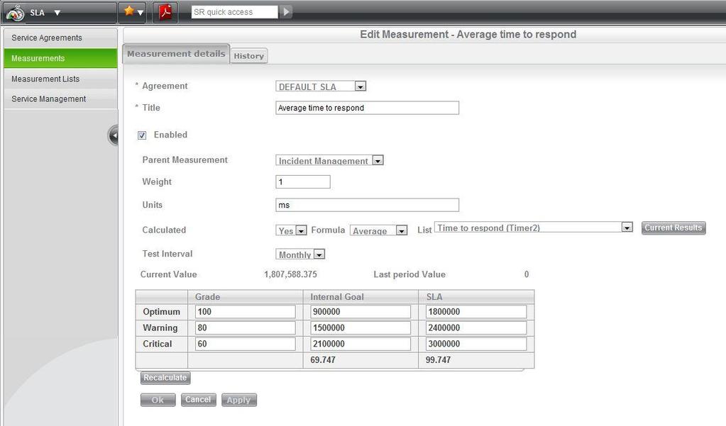 Measurement Edit This page allows you to create new measurements for your SLA. Following is an explanation of each field on this page. Click OK or Apply when you've finished to save your work.