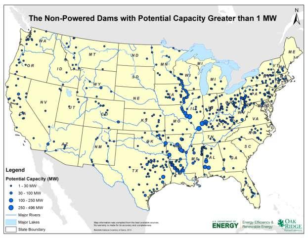 Figure 3 The addition of power to non-powered dams has the potential of adding up to 12 GWs or 12,000 MWs of renewable capacity.