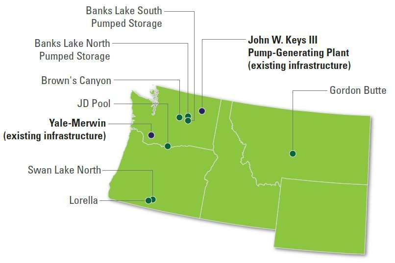 Figure 4 Map of existing and proposed technically attractive pumped storage projects in the Northwest Costs The projected costs for pumped storage range from $1800/kW to $3500/kW of installed