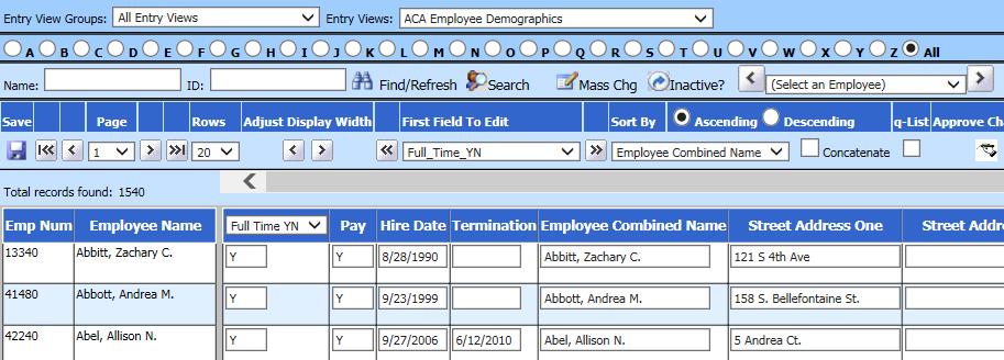 2 nd Area Employee Master There are two main ACA Employee entry views covered in this section.
