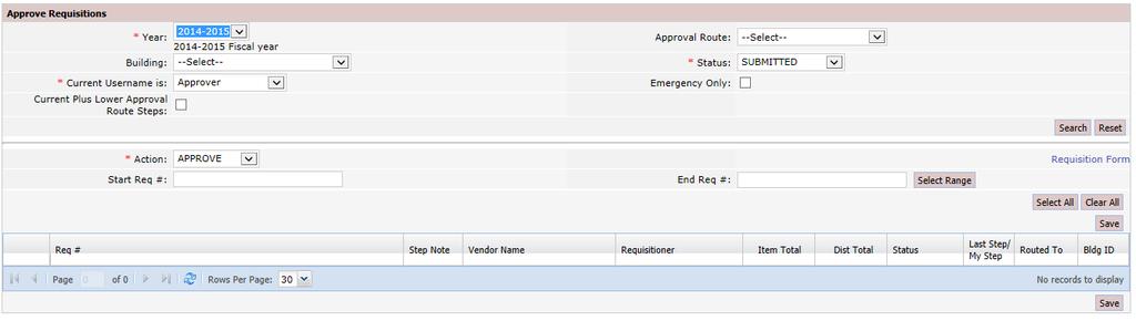 Approve Requisitions Select this option to Approve Requisitions. Year: Defaults to the current year or use the dropdown to select the year.