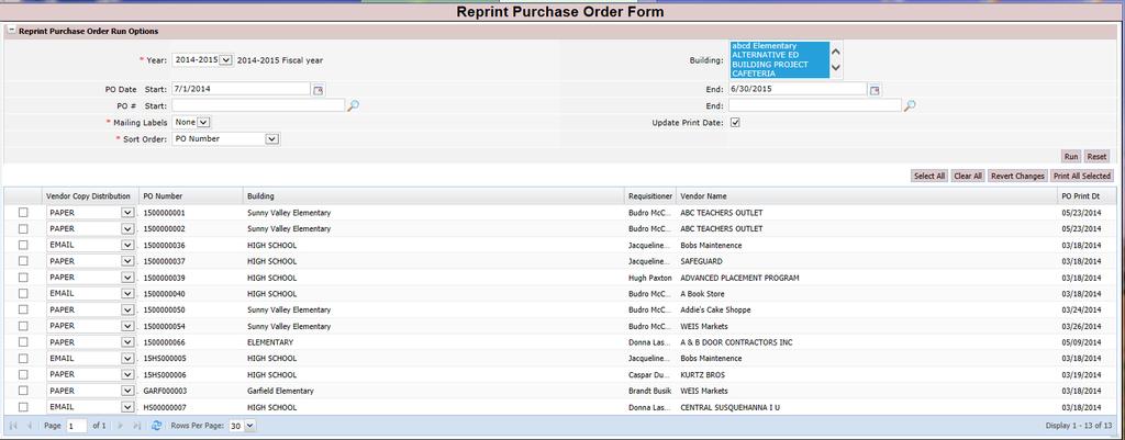 Select the Purchase Orders that need to be re-printed and Print All Selected.