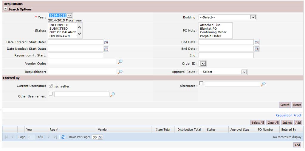 FUND ACCOUNTING > PURCHASING Requisition - Purchase Order Requisition Entry Initially the Search Options screen will appear; see below.