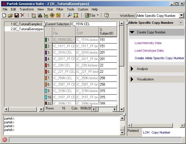 Figure 3: Viewing the spreadsheet after loading allele intensity and genotype spreadsheets Select Create Allele Specific Copy Number from the workflow; the dialog shown in Figure 4 will appear.