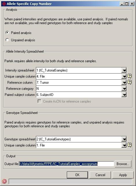 Figure 4: Configuring the Allele Specific Copy Number Dialog From the Analysis section of the workflow, select Detect Allelic Imbalances The created spreadsheet will contain regions that have similar