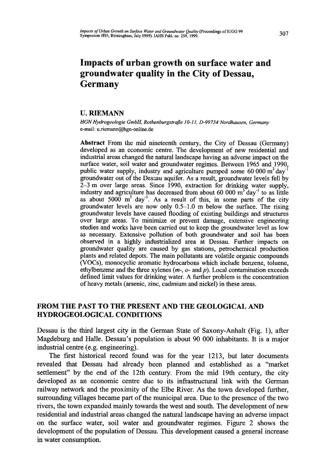 Impacts of Urban Growth on Surface Water and Groundwater Quality (Proceedings of IUGG 99 Symposium HSS, Birmingham, July 1999). IAHS Publ. no. 259, 1999.