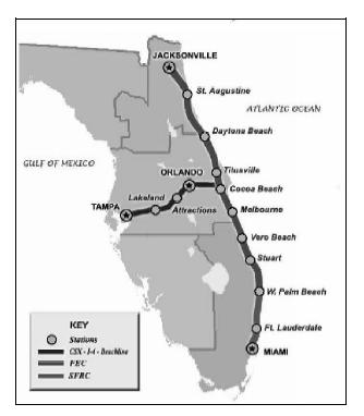 graphic titled Figure 5.6 Florida Intercity Passenger Rail Service Vision Plan ~ Coastal Route (identified in blue on the map). Negotiations were nearly completed between Amtrak, FDOT, and the FEC.