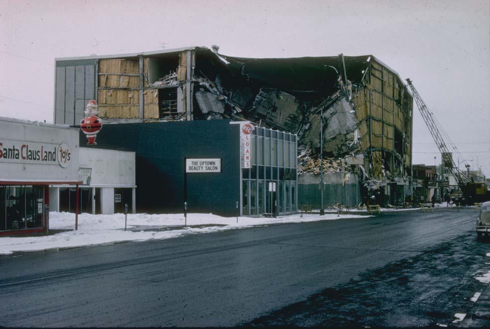 loads [21]. Figure 2.1 shows a partially collapsed building, which utilized precast floor panels as well as relatively thick precast nonstructural reinforced concrete cladding panels [20]. Figure 2.1 Partially collapsed building that contained poorly connected precast floor panels [20].