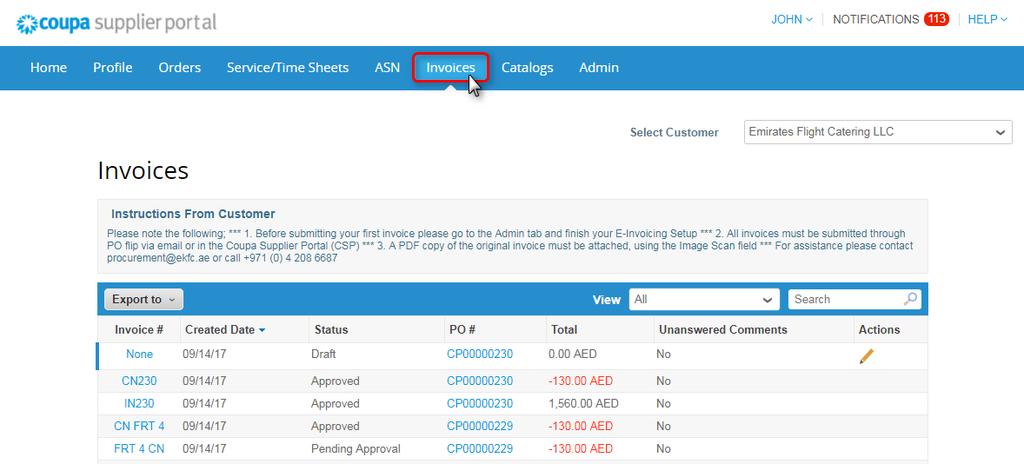 This will display a table of all your invoices including the status of each invoice.