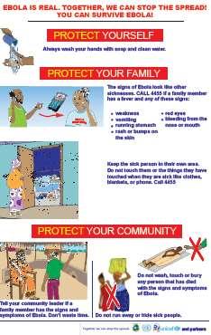 PREVENTION POSTER: KEY MESSAGES Always wash your hands with soap and clean water Call 4455 or the local county hotline if anyone has the signs and symptoms of Ebola Keep the sick person in their own