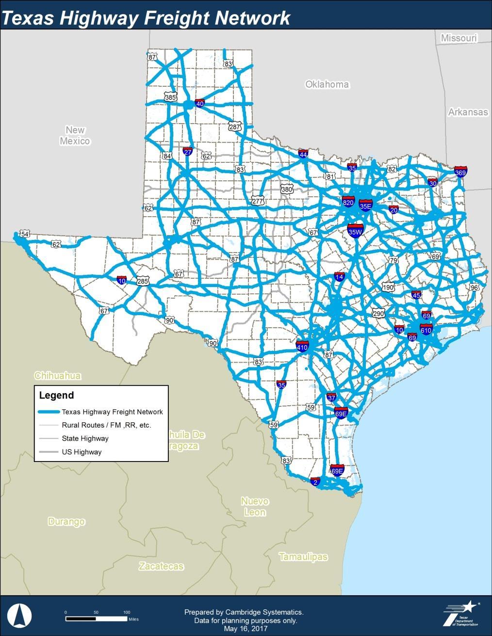 Texas Highway Freight Network (THFN) Designation Based on recommendations from TxFAC, the Draft Texas Highway Freight Network includes: USDOT designated National Highway Freight Network; All