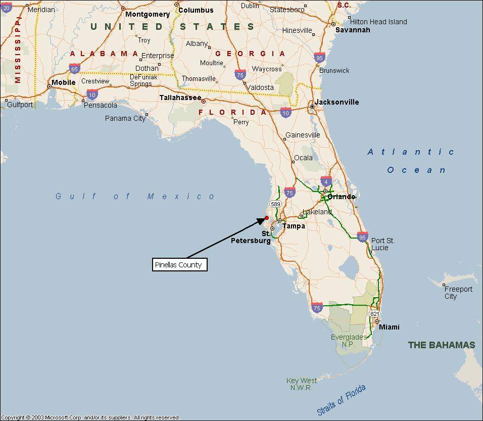 Figure 1. Map of the Florida, including location of data collection (Pinellas County). Monthly water data was obtained from Tampa Bay Water Authority for a period of five years for each residence.