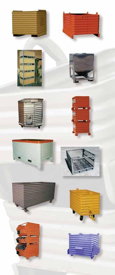 Bin 028 Stackable corrugated steel container Bin 029 Corrugated stacking skid box Bin 030 Containers with steel base/ side frames and tri-wall sides for use in AS/RS Bin 031 All aluminum