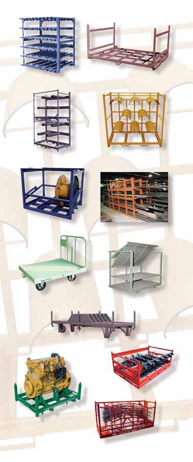 Rack 014 Steel rack for work-in-process storage Rack 015 Fold-down stacking rack built with various dunnage Rack 016 Prong rack for tires in various production stages Rack 018 Specialty rack for
