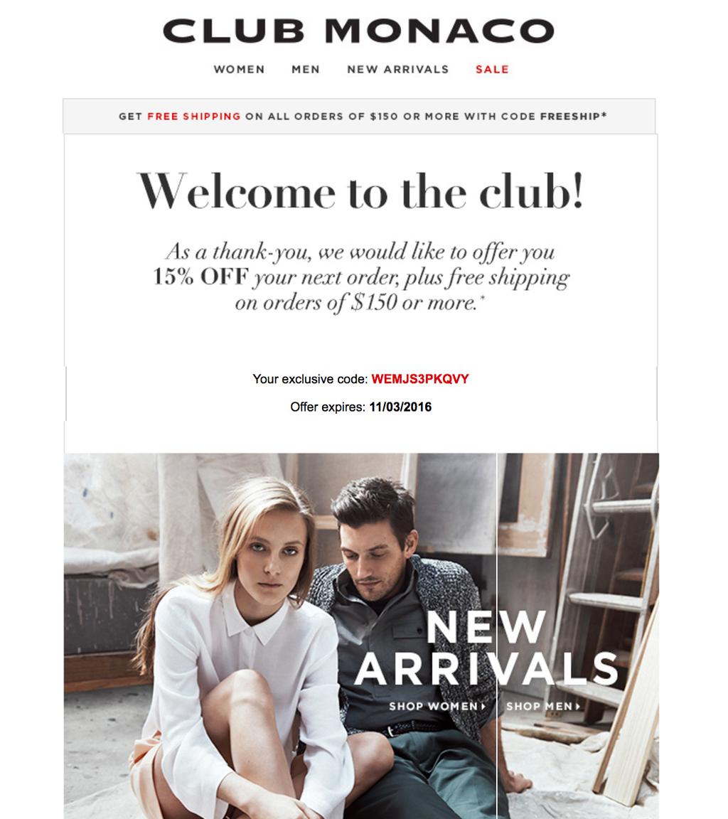 Here s one initial welcome email that we loved This email was the first of a series of welcome emails that we received from the brand, and was delivered with the subject line Welcome! Want 15% off?
