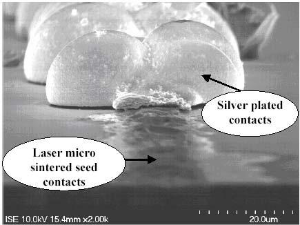 Electrical contacts by Laser micro-sintering Using alternative materials: From metal powders Achieved: Very good aspect ratio Width ~40µm - Thickness ~15-18 µm Good adhesion on textured samples M.