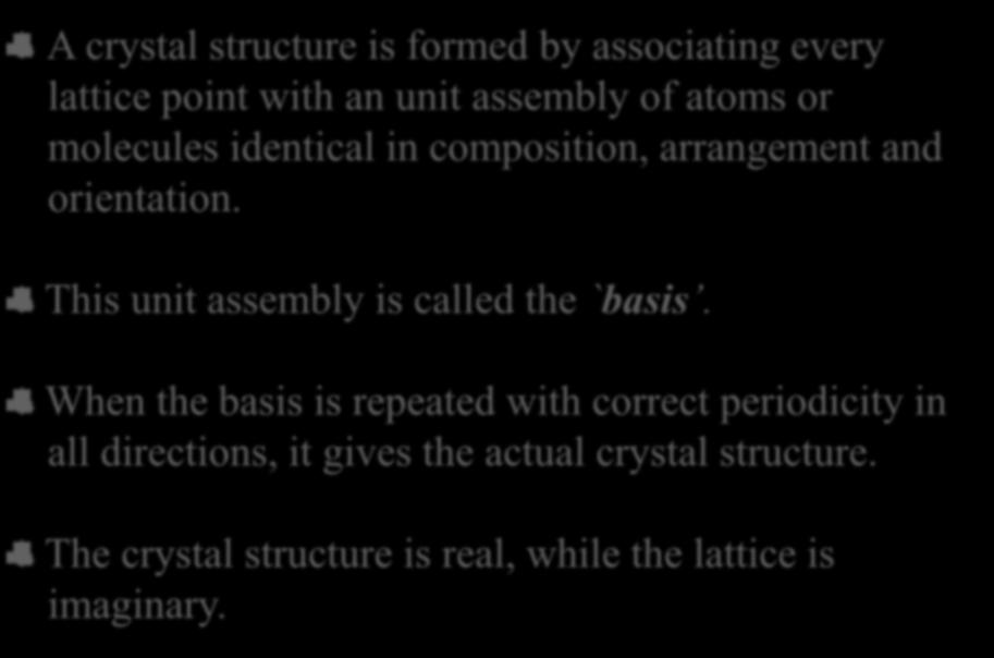 BASIS A crystal structure is formed by associating every lattice point with an unit assembly of atoms or molecules identical in composition, arrangement and orientation.