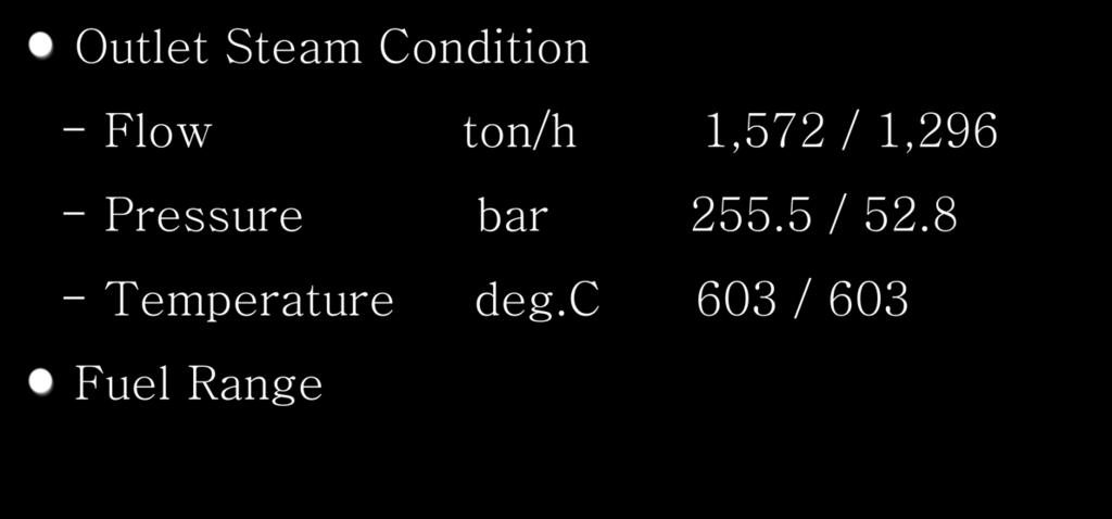 Samcheok CFBC Boiler Samcheok Green Power Conditions Outlet Steam Condition - Flow ton/h 1,572 / 1,296 - Pressure bar 255.5 / 52.