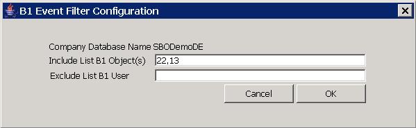 B1iSN server 3 Select company db and configure filter for events