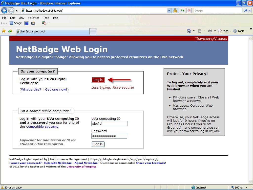 2. The NetBadge Web Login page displays. Log in through one of two ways: (1) Using your UVa Digital Certificate.