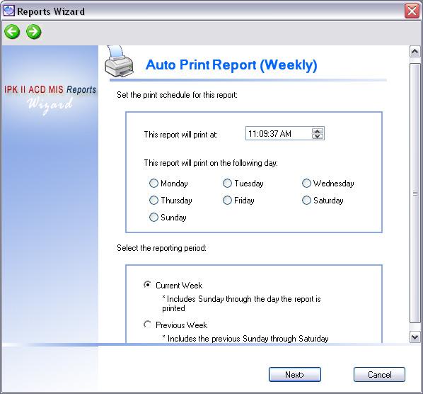 NEC Unified Solutions, Inc. Document Revision 1 2.5.3 Defining a Weekly Report After the user selects the Weekly option on the Auto Print menu, the following form is displayed.