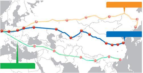 Figure 4 Eurasian Corridor (Eurasian Land Bridge) candidate routes 1st candidate Moscow Berlin Brest Bryansk Amsterdam Warsaw Ankara 3rd candidate Petropavlovsk Novosibirsk Sol Tehran Aktoghay Urumqi