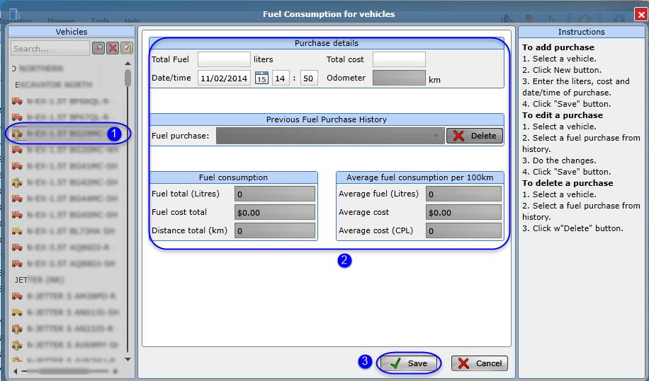Enter fuel purchase details as shown in the form below: Figure 21: Fuel purchase details 1 Select a vehicle from the vehicle tree on the left. 2 Enter the fuel purchase details as per the form above.