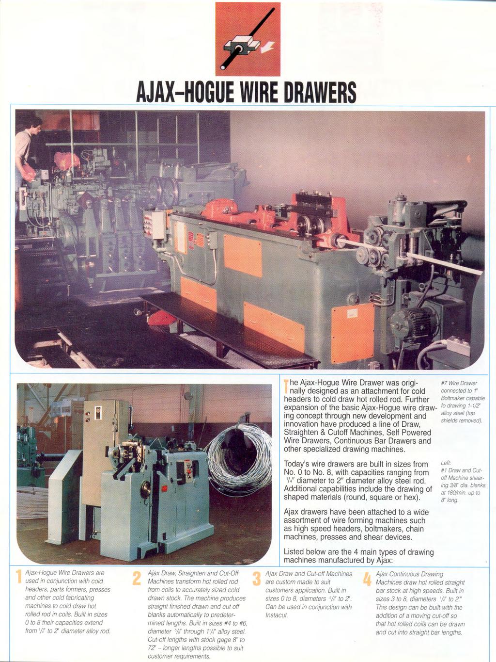 AJAX-HOGUEWIREDRAWERS "he Ajax-Hogue Wire Drawer was origi- #7WireDrawer I nally designed as an attachment for cold connectedto 1" headers to cold draw hot rolled rod, Further Boltmaker capable