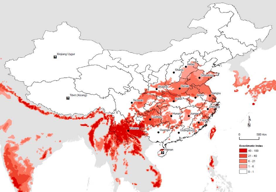 predictive model, but the model predicts only geographically patchy distribution in southern China, including unsuitable conditions around Hong Kong where pine wilt disease is common.