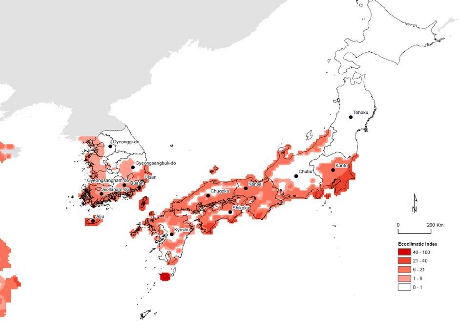 Figure 2: Japan and Korea showing known and potential range of occurrences of Monochamus alternatus. Black dots indicate provinces with known records of M.