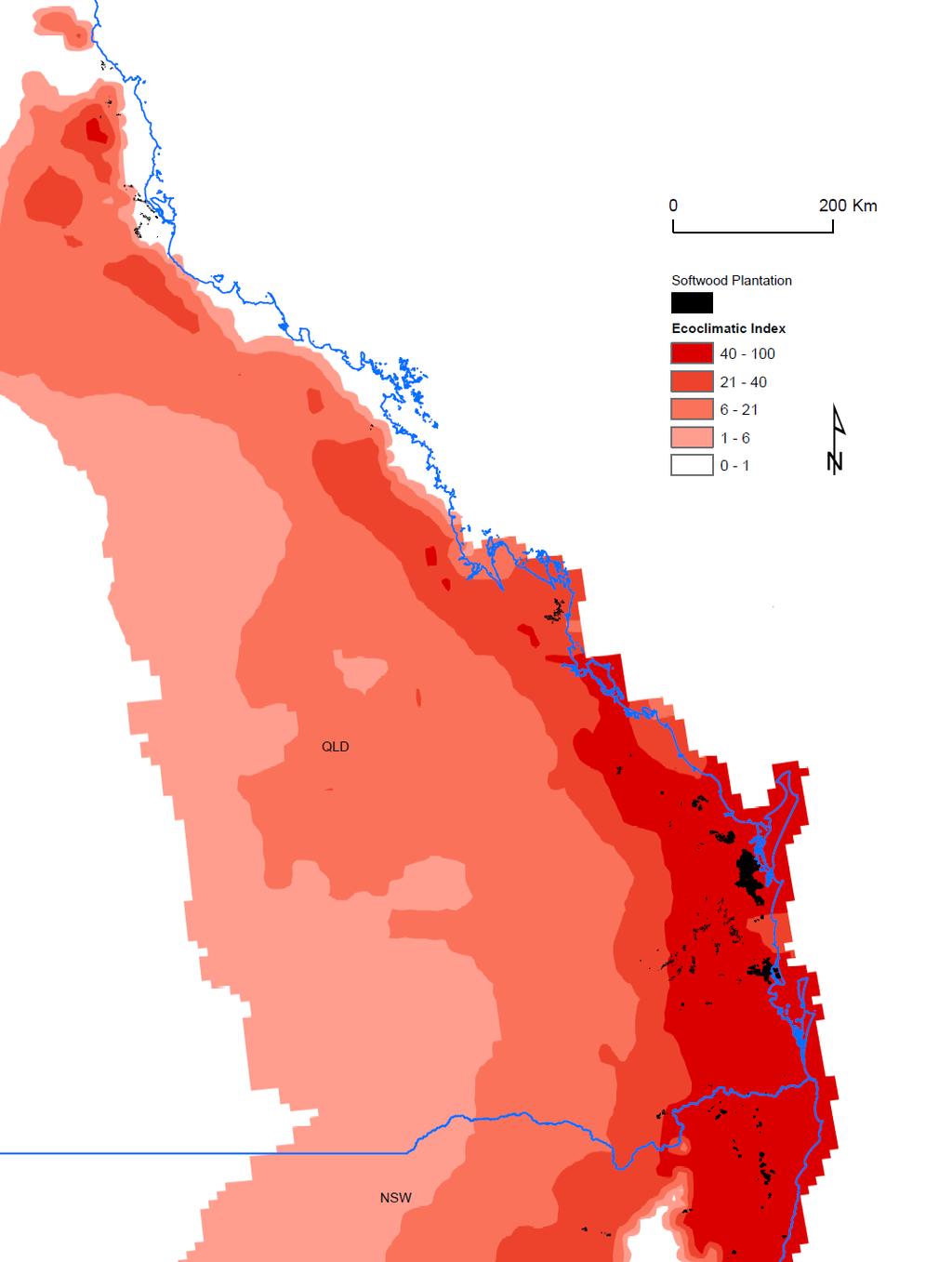 Figure 4: Queensland showing potential range of Monochamus alternatus, and by association, pine wilt disease. Modelled climatic suitability for M.