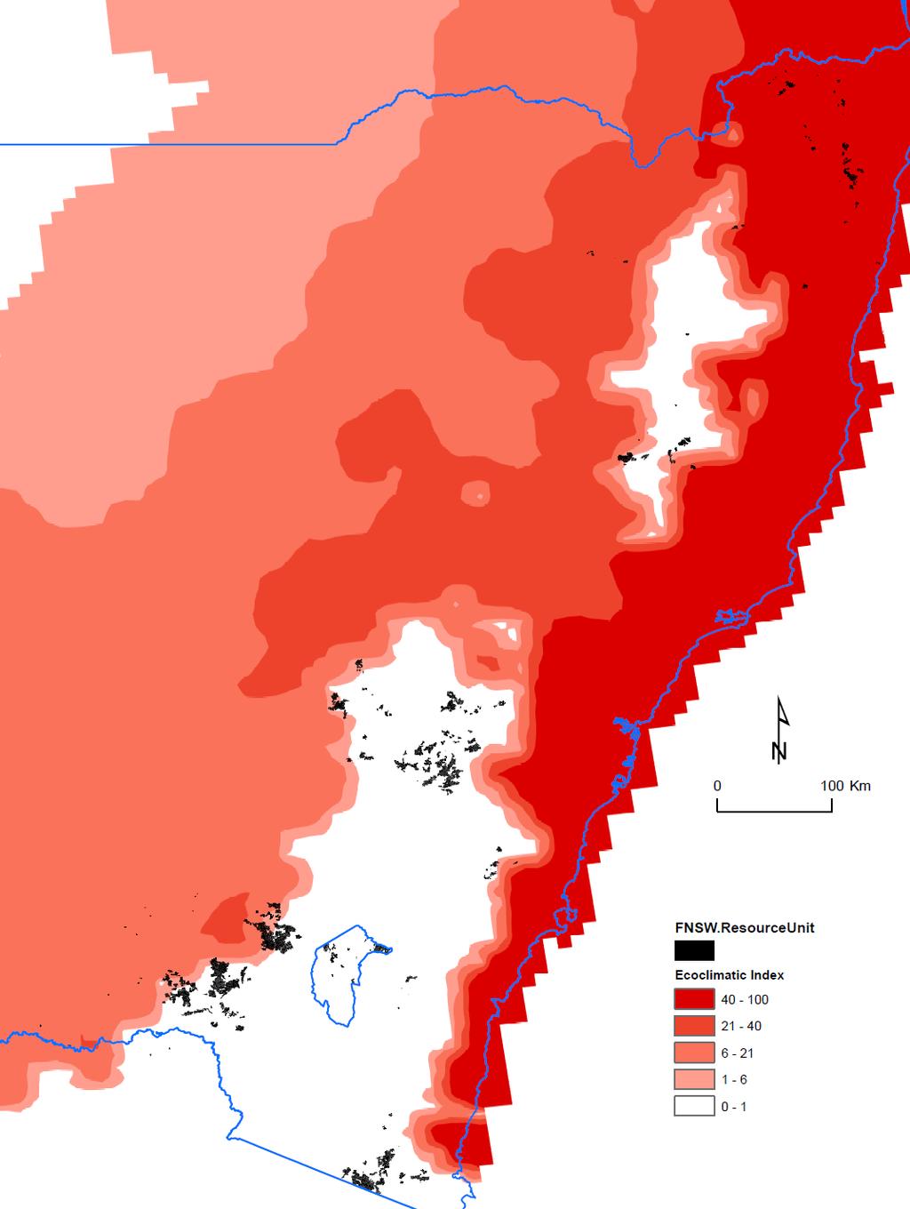 Figure 5: New South Wales showing potential range of Monochamus alternatus, and by association, pine wilt disease. Modelled climatic suitability for M.