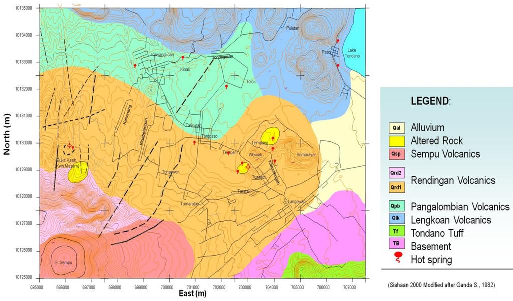 Report 30 649 Tri Handoko FIGURE 2: Geological map of Tompaso (PGE, 2008) causing new eruptions from Mount Rindangen, Mount Soputan, Mount Lengkoan, Mount Tampusu and Mount Kasuratan.
