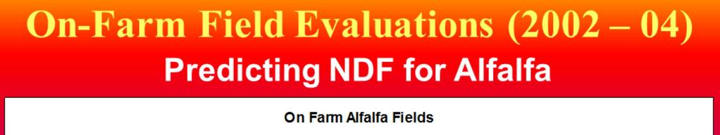 This graph shows the actual measured NDF at time of harvest (blue bars) compared to the two prediction methods for seven alfalfa fields in