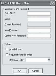 Type the account name (this is used internally with QuickBill software to easily identify the account). Type the desired password into the New Password and Confirm New Password fields.