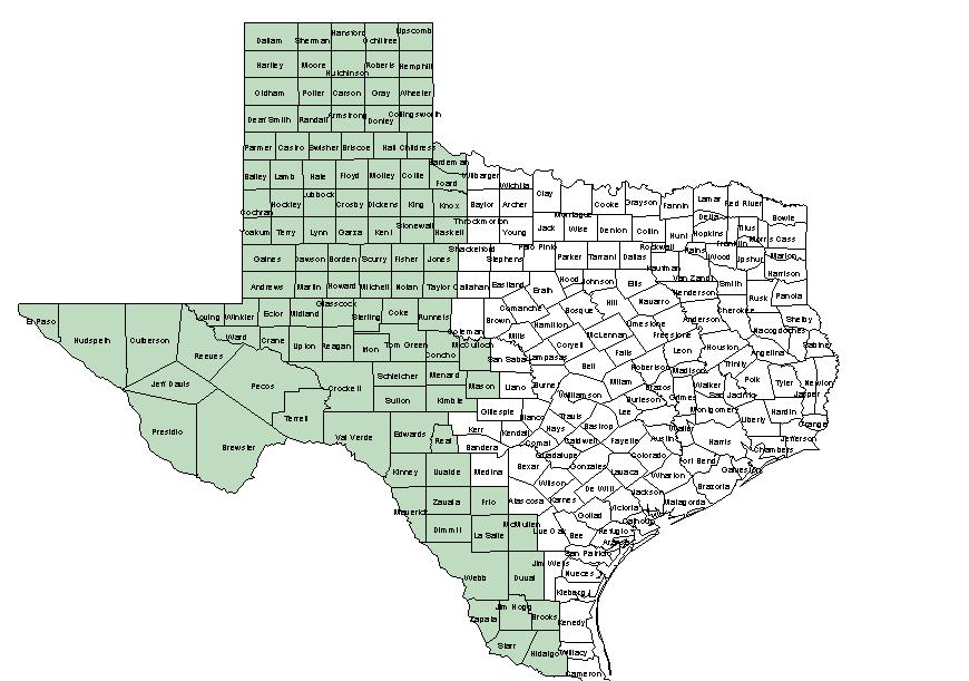 Figure 1 East / West Map of Texas for P Index Note: the annual rainfall values used to