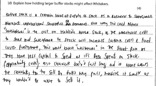 Paper 2 8BS0/02 Question 1d There is some analysis in this response ( will increase their overhead costs and overall costs ) but there is no identification of what buffer stocks are or application to