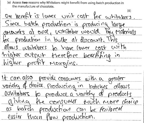 Paper 2 8BS0/02 Question 1e This response attempts to assess two factors. However, there is no application to Whitakers or to the manufacture of chocolate.