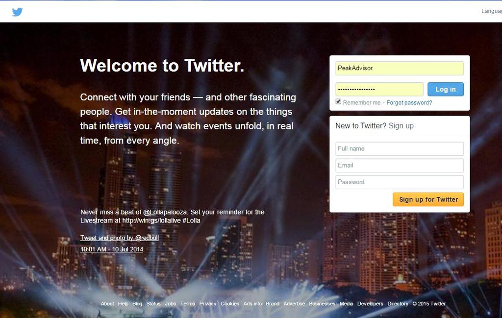 Step 1: Sign Up for Twitter 1. Fill in your name, email, and the password you want to use for your account then select Sign up for Twitter. 2.